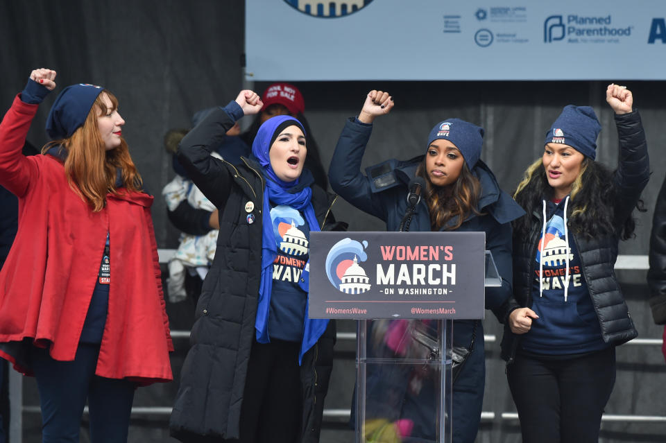 March Organizers Bob Bland, Tamika D. Mallory, Linda Sarsour, and Carmen Perez-Jordan speak onstage during the Women's March on Jan. 19, 2019 in Washington, D.C. (Photo: Aaron J. Thornton via Getty Images)