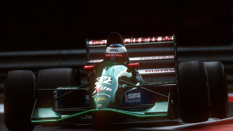 A photo of Michael Schumacher driving the Jordan 191 in Belgium. 