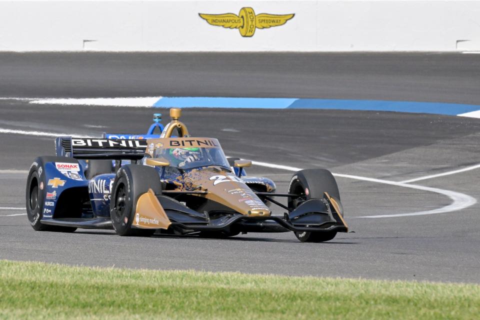 Ed Carpenter Racing driver Conor Daly (20) moves through a turn Friday, May 12, 2023, during practice for the GMR Grand Prix at Indianapolis Motor Speedway. 