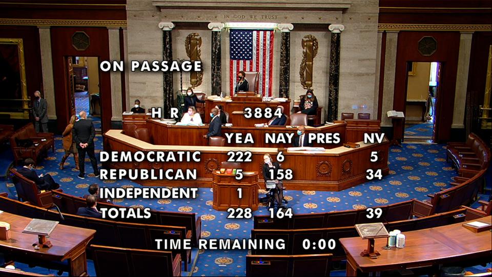 <p>This image from House Television shows the final vote, 228-164, in the House on passage of a bill to decriminalise and tax marijuana at the federal level</p> (AP)