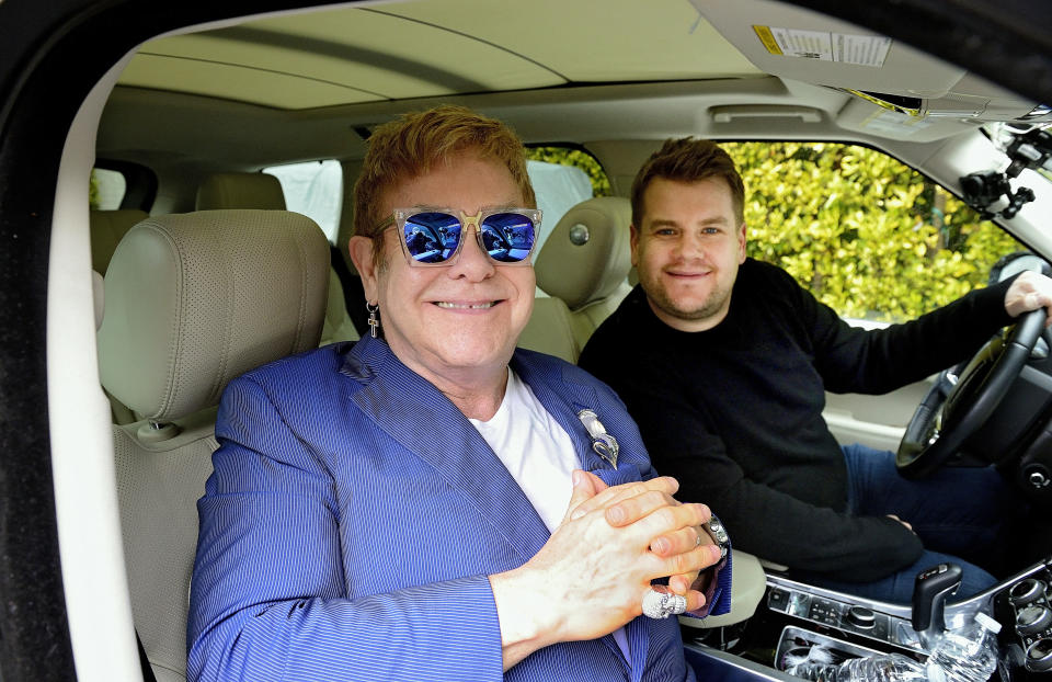 Elton John joins James Corden for Carpool Karaoke. (Sky/CBS)