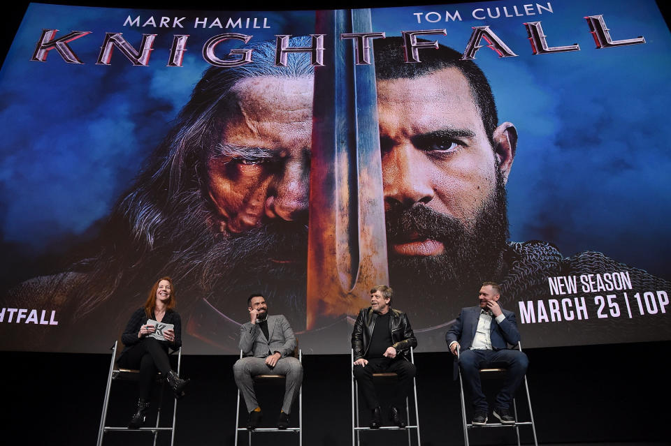 LOS ANGELES, CA - MARCH 19:  (L-R) Moderator Kate Hahn, Tom Cullen, Mark Hamill, and Aaron Helbing attend the Knightfall For Your Consideration Event in Los Angeles on March 19, 2019 in Los Angeles, California.  (Photo by Michael Kovac/Getty Images for HISTORY)
