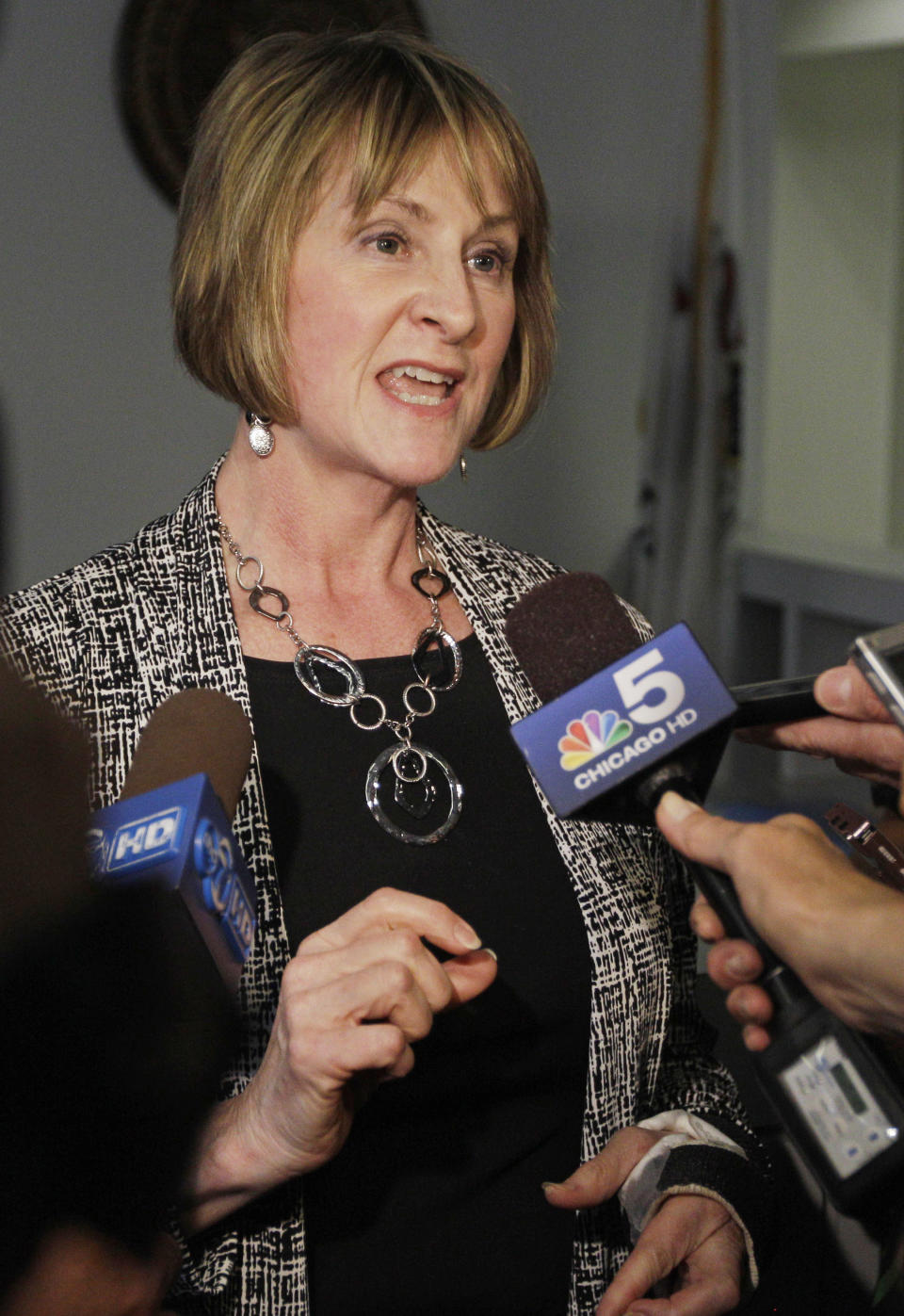 Illinois Senate Minority Leader Christine Radogno speaks with reporters after top Illinois lawmakers met with Gov. Pat Quinn in Chicago, Wednesday, June 6, 2012, to talk about pension reform. The lawmakers left the meeting divided over what approach to take. They were close to agreement last week, but that was derailed shortly before the end of the legislative session. The biggest dispute is over whether to make downstate and suburban Chicago schools take over the cost of employee pensions. Illinois pays those expenses now. (AP Photo/M. Spencer Green)
