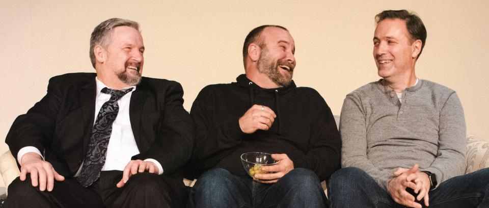 Sharing a laugh is the cast of "Art" at Barnstable Comedy Club. The actors are, from left, Patrick Preston, Todd Yates Gosselin and Frank Hughes, Jr.