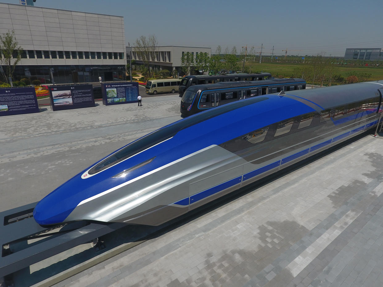 QINGDAO, CHINA - MAY 23: China's first high-speed maglev train testing prototype is seen on May 23, 2019 in Qingdao, Shandong Province of China. China rolled off the production line of a prototype maglev train with a maximum speed of 600 kilometres per hour on Thursday in Qingdao. (Photo by VCG/VCG via Getty Images)