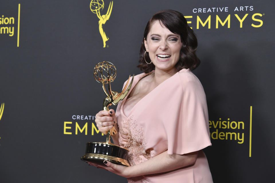Rachel Bloom poses in the press room with the award for outstanding original music and lyrics for "Crazy Ex Girlfriend" on night one of the Creative Arts Emmy Awards on Saturday, Sept. 14, 2019, at the Microsoft Theater in Los Angeles. (Photo by Richard Shotwell/Invision/AP)