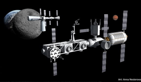 This Alliance for Space Development (ASD) artist's concept depicts one approach to refueling the Mars Transfer Vehicle at the propellant depot at the Earth-Moon L2 point. Image released July 20, 2015.