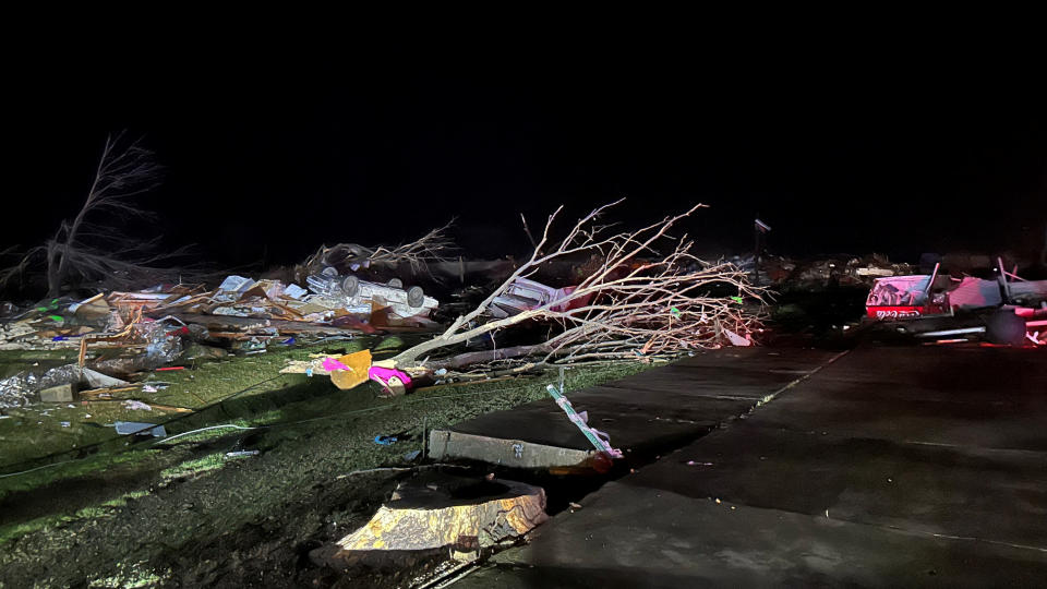 A view of the aftermath of the tornado in Rolling Fork, Mississippi, on March 24, 2023