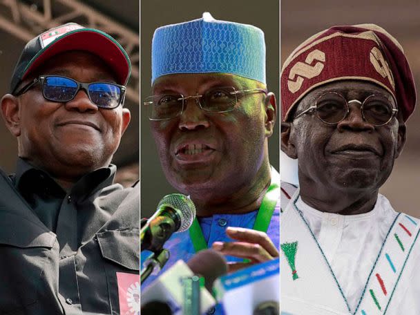 PHOTO: Left to right: Peter Obi of Nigeria's Labour Party; former Nigerian Vice President Atiku Abubakar of the Peoples Democratic Party (PDP); and Bola Tinubu of Nigeria's All Progressives Congress (APC) party are seen in this combination split photo. (Sunday Alamba/AP; Afolabi Sotunde/Reuters, Michele Spatari/AFP via Getty Images)