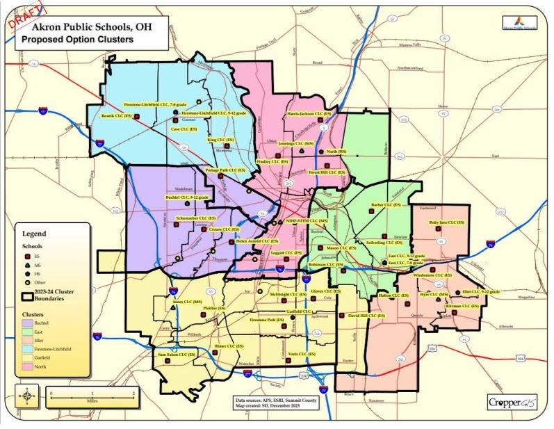 Proposed attendance boundaries under a redistricting plan the Akron Board of Education is being asked to approve for the next school year.