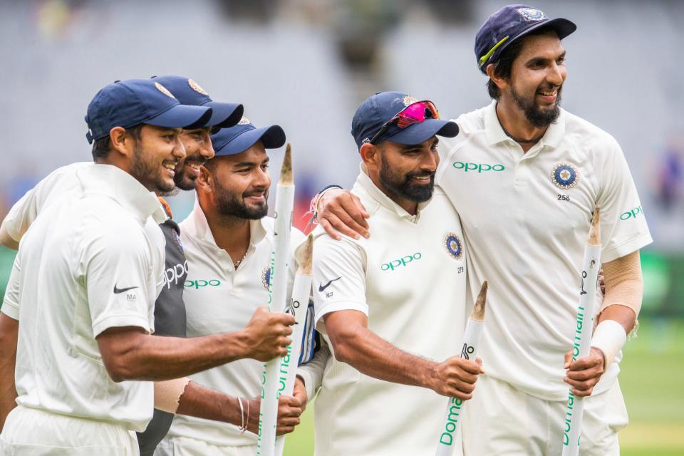 Rishabh Pant and teammates celebrate India’s Test series victory in Australia during the 2018-19 tour.