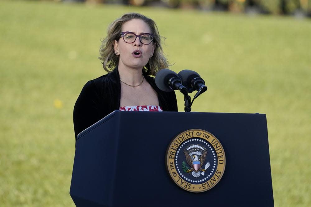 Sen. Kyrsten Sinema, D-Ariz., speaks before President Joe Biden signs the $1.2 trillion bipartisan infrastructure bill into law during a ceremony on the South Lawn of the White House in Washington, on Nov. 15, 2021. (AP Photo/Evan Vucci, File)