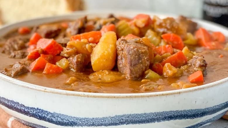 Closeup of beef Irish stew in a bowl 