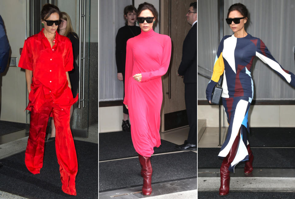 <p>Auf berühmte Topmodels auf dem Runway und bezahlte Front-Row-Auftritte von Superstars verzichtet Designerin Victoria Beckham bei ihren Shows – zuletzt in New York, wo sie ihre Ready-to-Wear-Frühjahrskollektion 2017 präsentierte – konsequent. Wieso sollte sie schließlich auch andere tun lassen, was sie selbst am besten kann?! Drei Looks an nur einem Tag … bei Becks wird einfach der Asphalt zum Laufsteg. Und noch ein Plus haben ihre stylishen Auftritte: Sie zeigen, dass die neue Kollektion – trendsicher gehalten in angesagtem Rot, gedeckten Farben und Beerentönen – auch tatsächlich alltagstauglich sind! (12. Oktober 2017, Bilder: ddp, ddp, Splash News) </p>