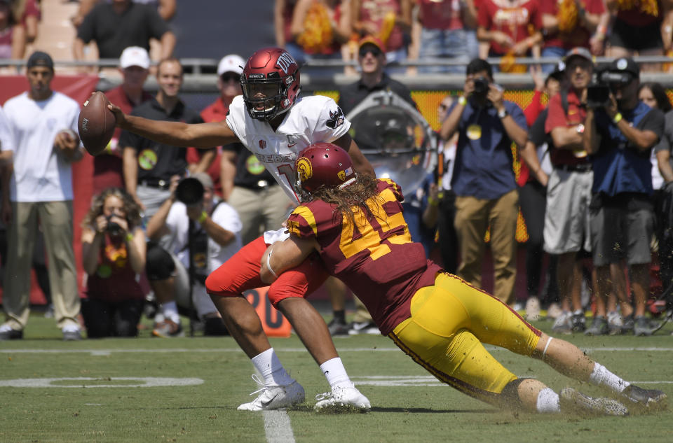 USC linebacker Porter Gustin has been involved in a few controversial plays this season. (AP Photo/Mark J. Terrill)