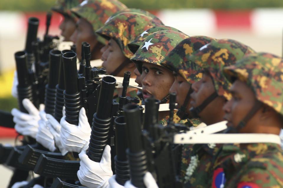 Military officers march during Armed Forces Day in Myanmar. <a href="https://newsroom.ap.org/detail/PicturesoftheWeekAsiaPhotoGallery/cde66b8eac814040b3e7e1f39ed927d7/photo?Query=Myanmar&mediaType=photo&sortBy=arrivaldatetime:desc&dateRange=Anytime&totalCount=38717&currentItemNo=1" rel="nofollow noopener" target="_blank" data-ylk="slk:AP Photo/Aung Shine Oo;elm:context_link;itc:0;sec:content-canvas" class="link ">AP Photo/Aung Shine Oo</a>