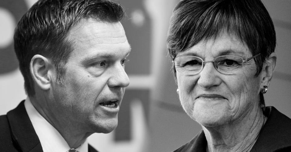 Republican gubernatorial candidate Kris Kobach of Kansas, Democratic candidate and Kansas state Sen. Laura Kelly. (Photos: Chris Neal/The Topeka Capital-Journal via AP, Mark Reinstein/Corbis via Getty Images)