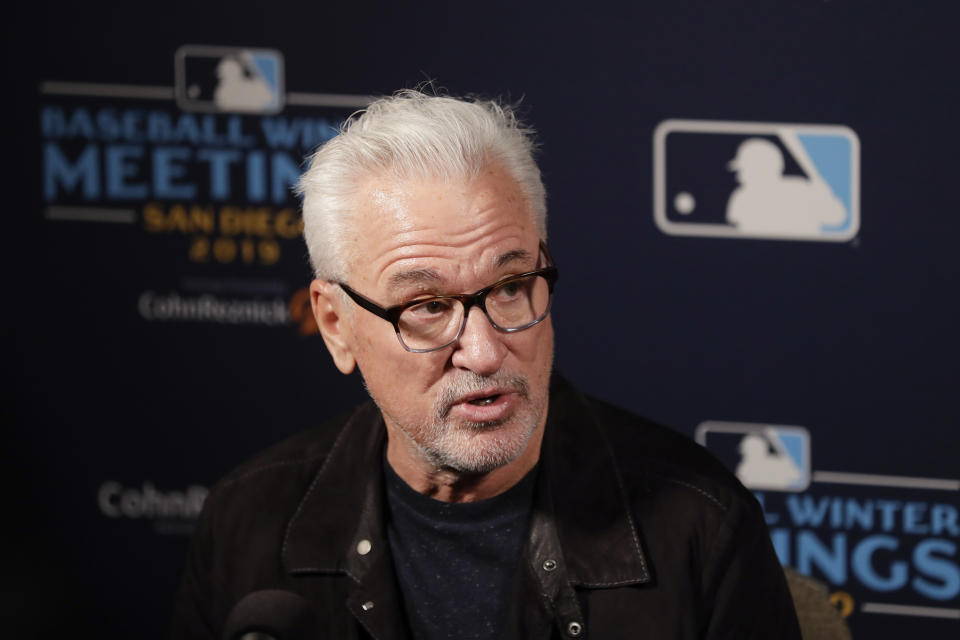 Los Angeles Angels manager Joe Maddon speaks during the Major League Baseball winter meetings Monday, Dec. 9, 2019, in San Diego. (AP Photo/Gregory Bull)