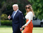 <p>President Donald Trump, with first lady Melania Trump, gives a thumbs-up as they walk across the South Lawn of the White House in Washington, Friday, May 19, 2017, before boarding Marine One for a short trip to Andrews Air Force Base, Md. Trump is leaving for his first foreign trip, visiting Saudi Arabia, Israel, Vatican, and a pair of summits in Brussels and Sicily. (Photo: Pablo Martinez Monsivais/AP) </p>