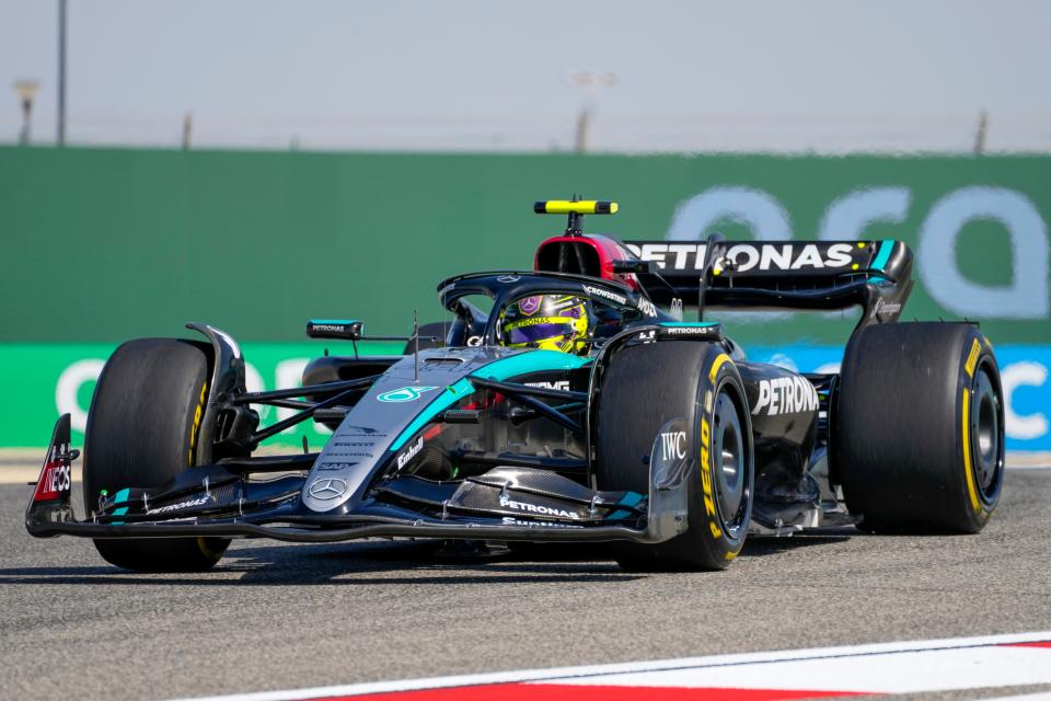 Lewis Hamilton in action in Bahrain on the second day (Darko Bandic/AP) (AP)