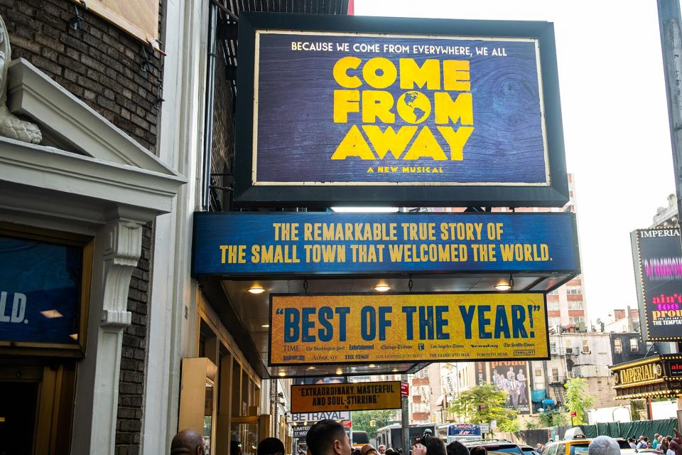 A view outside "Come From Away" at The Schoenfeld Theatre in New York City.