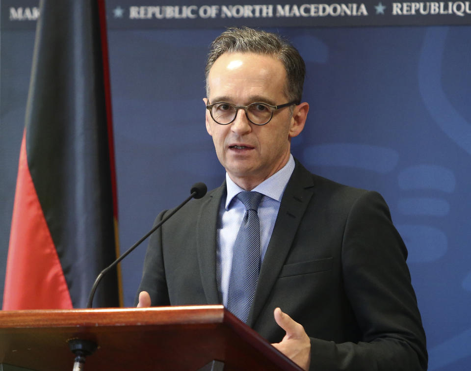 German Foreign Minister Heiko Maas answers a journalist's question during a news conference with his North Macedonia's counterpart Nikola Dimitrov, after their meeting in Skopje, North Macedonia, on Wednesday, Nov. 13, 2019. Maas arrived Wednesday in Skopje to discuss with his counterpart Nikola Dimitrov the bilateral relations and the further steps after North Macedonia has failed to open the membership talks with European Union last month. (AP Photo/Boris Grdanoski)