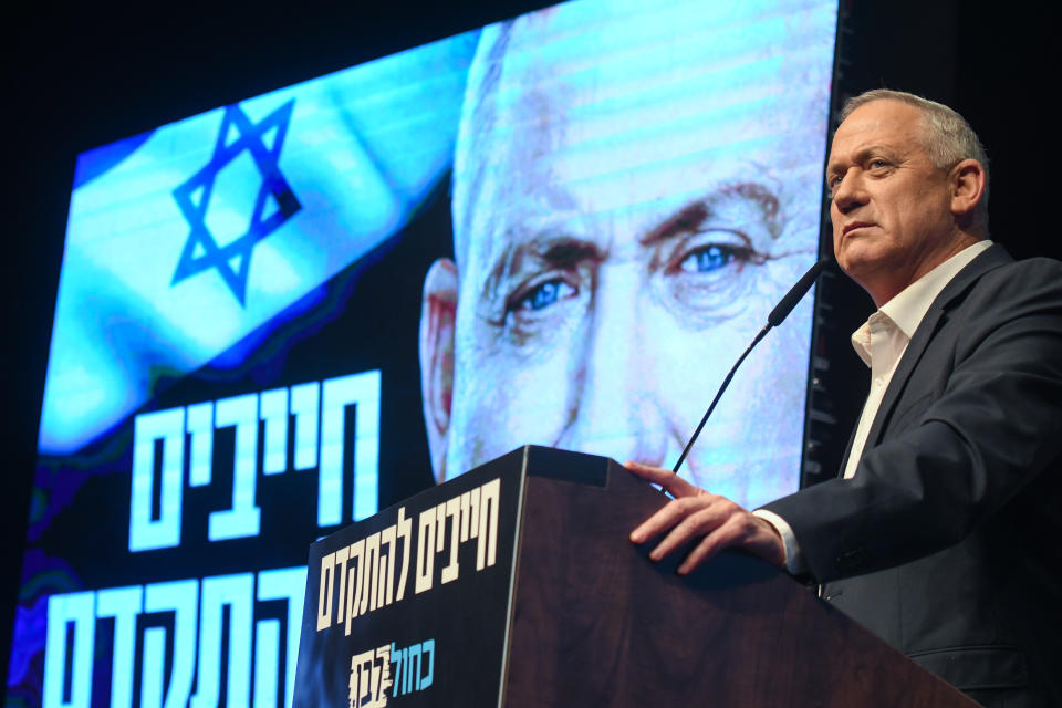 Benny Gantz, leader of Blue and White party, during an election campaign event in Ramat Gan, near Tel Aviv on February 25, 2020. | Artur Widak—NurPhoto/Getty Images