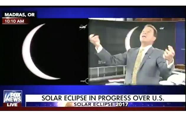 Stuck for hours on air, the anchor clearly couldn't care less about the eclipse. Photo: Twitter