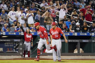 Cincinnati Reds' Joey Votto (19) runs the bases after hitting a solo home run in the sixth inning of the baseball game against the New York Mets, Friday, July 30, 2021, in New York. (AP Photo/Mary Altaffer)