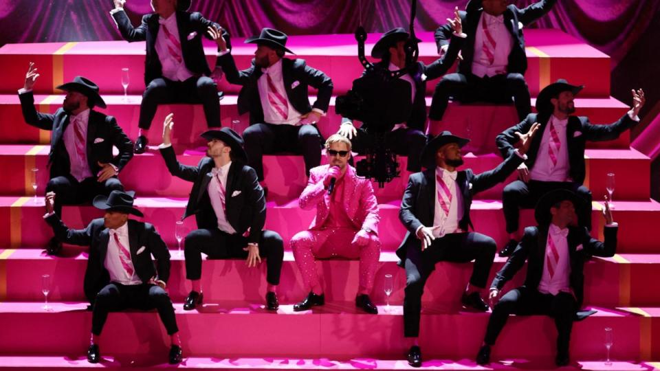 PHOTO: Ryan Gosling performs 'I'm Just Ken' from 'Barbie' during the Oscars show at the 96th Academy Awards in Hollywood, CA, March 10, 2024.  (Mike Blake/Reuters)