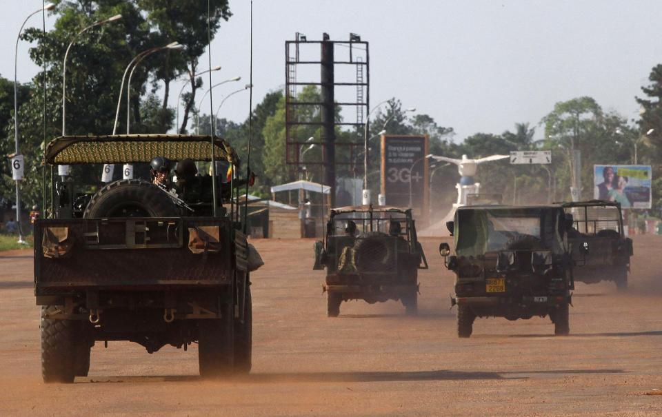 French soldiers patrol on military trucks on the streets in Bangui