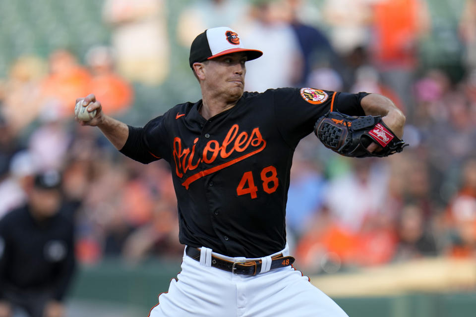Baltimore Orioles starting pitcher Kyle Gibson throws a pitch to the Tampa Bay Rays during the first inning of a baseball game, Monday, May 8, 2023, in Baltimore. (AP Photo/Julio Cortez)