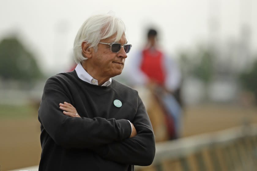 FILE - In this May 1, 2019, file photo, trainer Bob Baffert watches his Kentucky Derby entrant Game Winner.