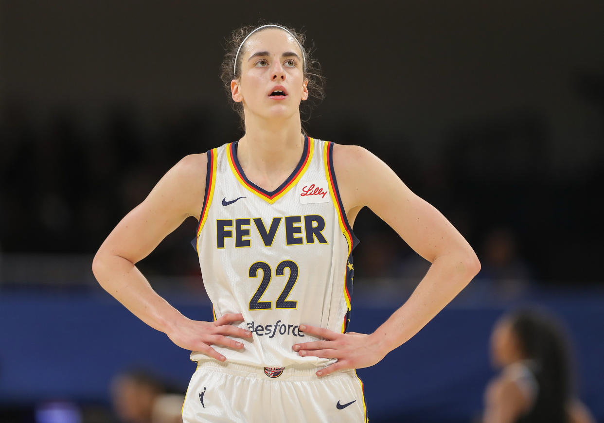 CHICAGO, IL - JUNE 23: Caitlin Clark #22 of the Indiana Fever looks on during the second half against the Chicago Sky on June 23, 2024 at Wintrust Arena in Chicago, Illinois. (Photo by Melissa Tamez/Icon Sportswire via Getty Images)