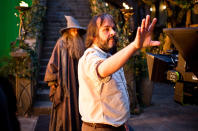 Ian McKellen and director Peter Jackson on the set of New Line Cinema's "The Hobbit: An Unexpected Journey" - 2012