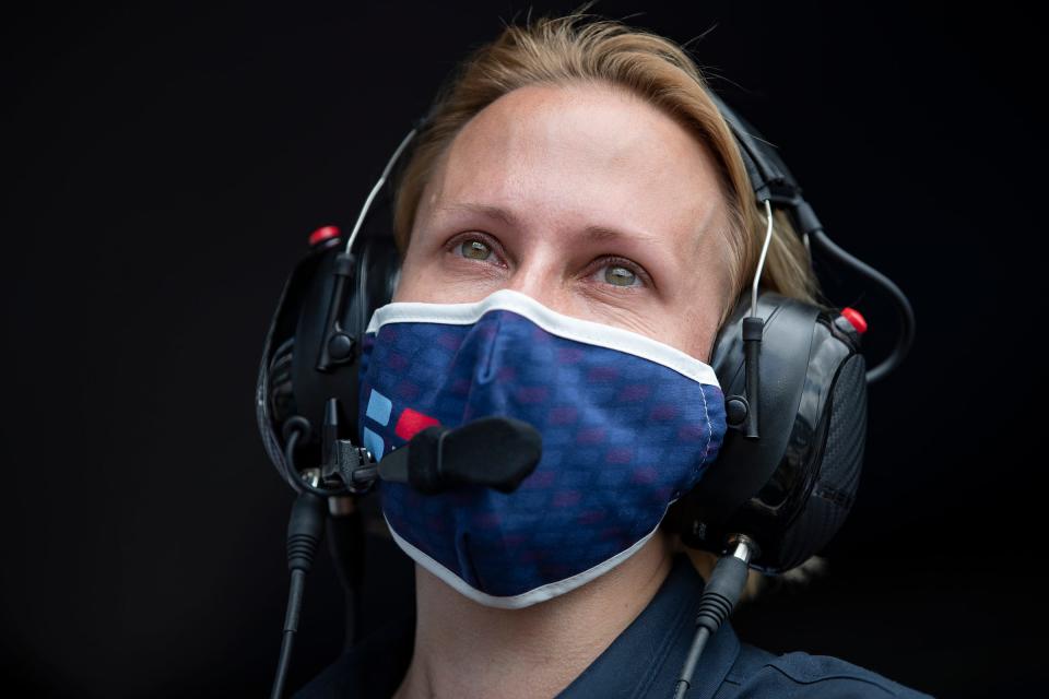 Beth Paretta, owner of Paretta Autosport, tears up as her team qualifies for the 105th running of the Indianapolis 500 on Sunday, May 23, 2021, at Indianapolis Motor Speedway. Despite three attempts on day one of qualifications, the team was not fast enough to break into the top 30 and had to compete in last chance qualifications on Saturday. The team qualified in 33rd place. 