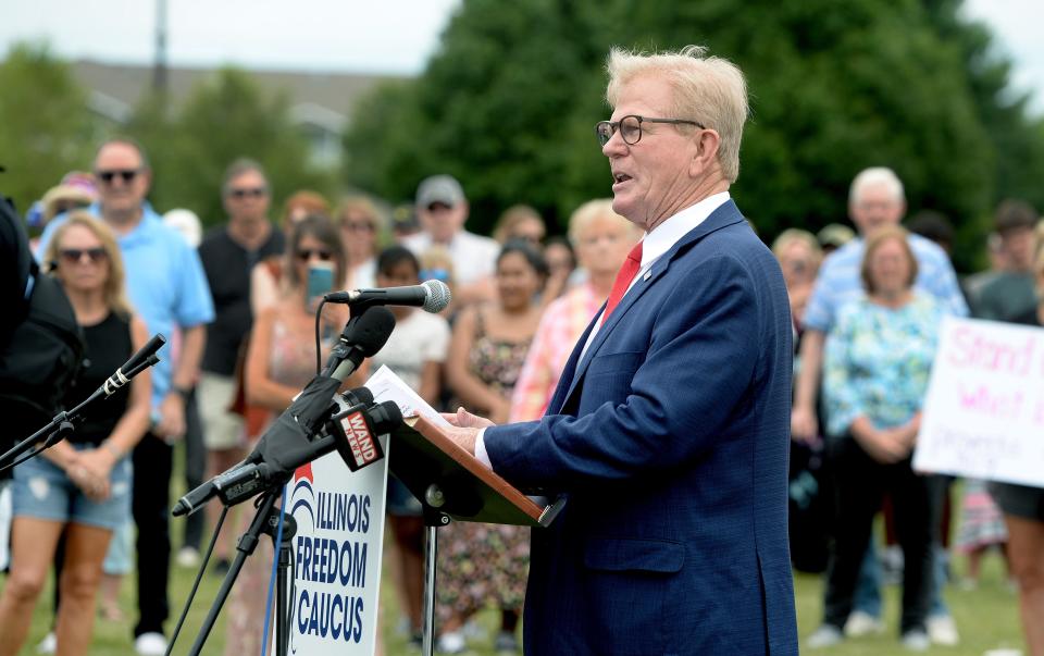 Rep. Chris Miller R-Oakland speaks during a rally at Rotary Park Thursday, July 13, 2023.