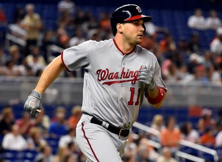 May 20, 2016; Miami, FL, USA; Washington Nationals first baseman Ryan Zimmerman (11) rounds first base after hitting a solo home run against the Miami Marlins during the second inning at Marlins Park. Mandatory Credit: Steve Mitchell-USA TODAY Sports