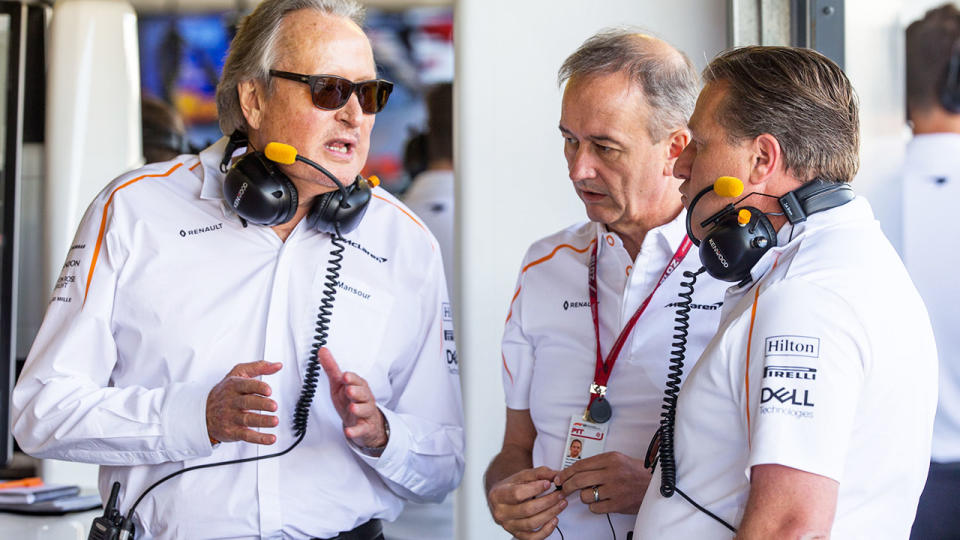 Mansour Ojjeh, pictured here with Jonathan Neale and Zak Brown at the British Grand Prix in 2018. 