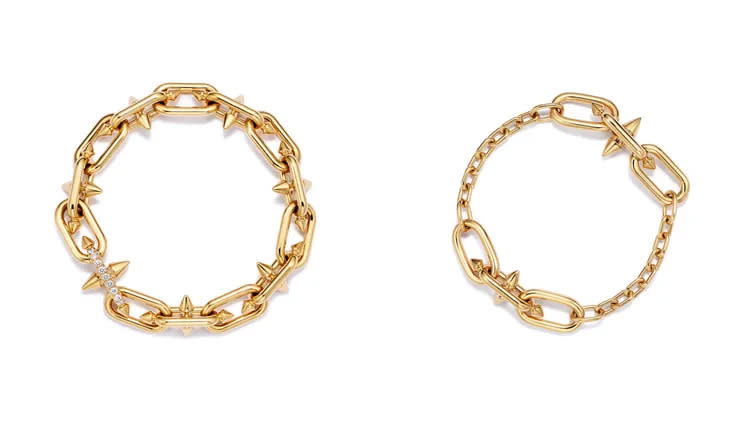 Tiffany Titan by Pharrell Williams系列，（左）18K黃金鑽石手鍊中型款；（右）18K黃金鍊結手鍊中型款。品牌提供