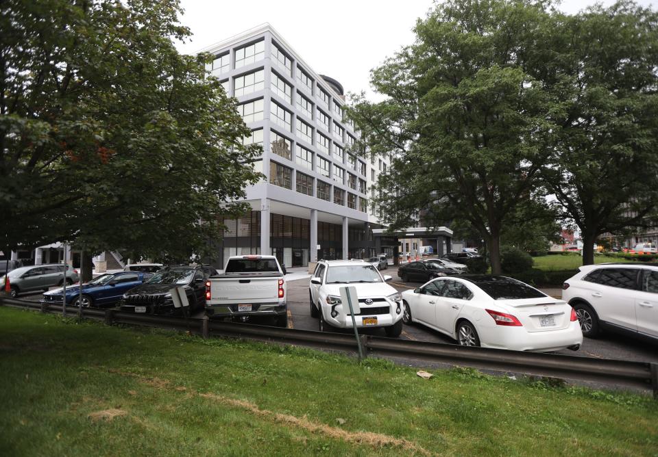 Asylum-seekers from New York City are staying at a downtown Rochester hotel, pictured in this file photo. The housing, food and support services will be paid by New York City.