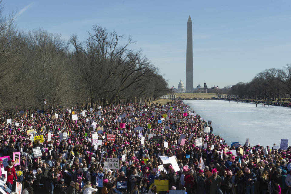 FILE - In this Jan. 20, 2018, file photo, participants in the Women's March gather near the Lincoln Memorial in Washington. Three years after Trump took office and millions of people swarmed to the Women’s March in Washington and companion marches across the country, these typically modest protests are often the most visible sign of today’s Trump resistance. (AP Photo/Cliff Owen, File)