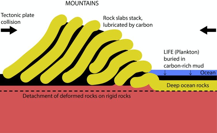 Diagram showing how mountains are formed by tectonic pressure and carbon.