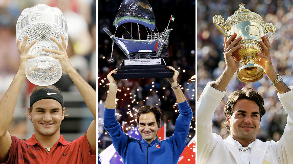 Roger Federer has won 100 trophies in an astonishing 18-year span. Pic: Getty