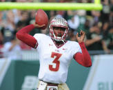 Quarterback E. J. Manuel #3 of the Florida State Seminoles warms up for play against the South Florida Bulls September 29, 2012 at Raymond James Stadium in Tampa, Florida. (Photo by Al Messerschmidt/Getty Images)