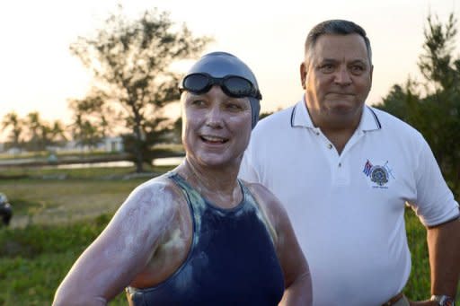 British-Australian woman Penny Palfrey (L) speak to the press before setting off to swim unassisted from Cuba to Florida at Hemingway International Yacht Club in Havana on June 29. Palfrey's attempt ended in failure early Sunday after she had to be pulled out of the water unable to cope with a strong ocean current