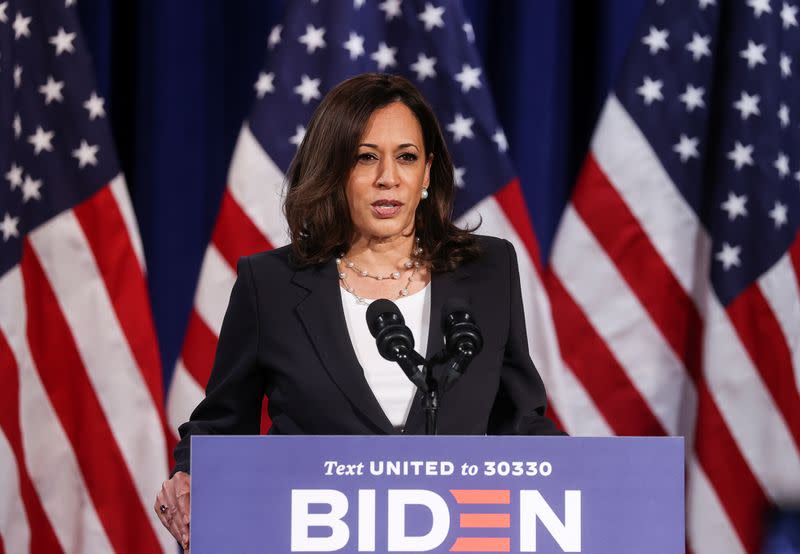 Democratic U.S. vice presidential nominee Kamala Harris delivers campaign speech in Washington