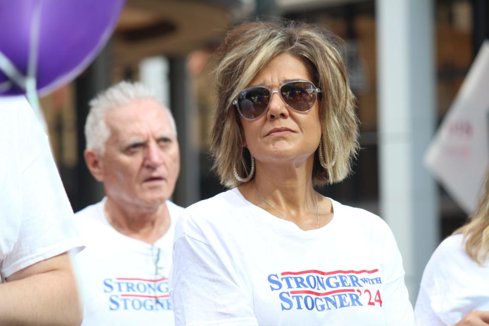 Tanya Volmer of Houston listens as Sarah Stogner announces her candidacy for Texas Railroad Commissioner Saturday, Sept. 23, 2023 in Austin.