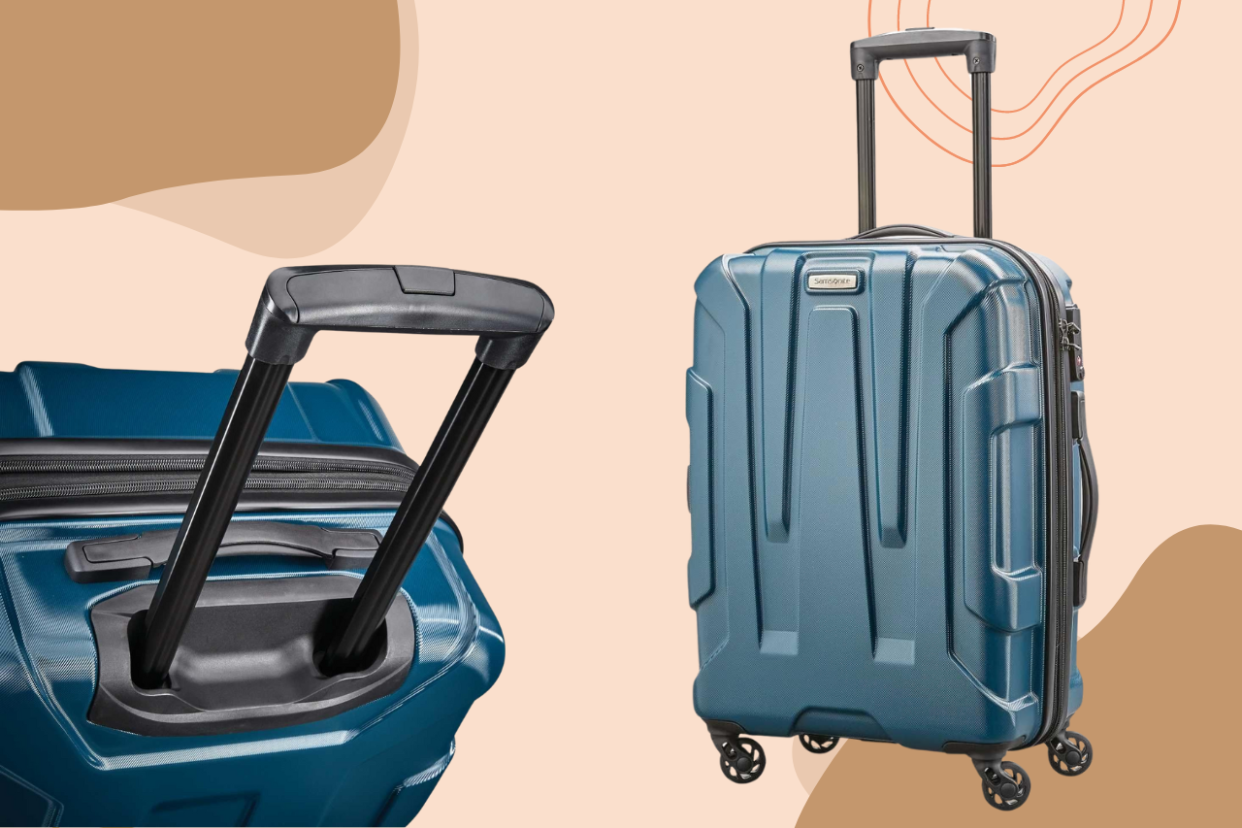 two photos of Samsonite Centric Expandable Hardside Carry On Luggage with Spinner Wheels, 20 Inch, Teal