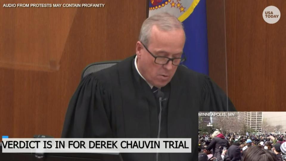 Judge Peter Cahill reads a verdict during the trial of Derek Chauvin of the death of George Floyd at the courthouse in Minneapolis on April 20, 2021.